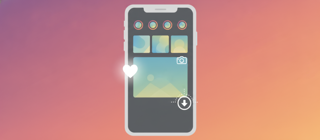 Smartphone showing a photo-sharing feed with download icon